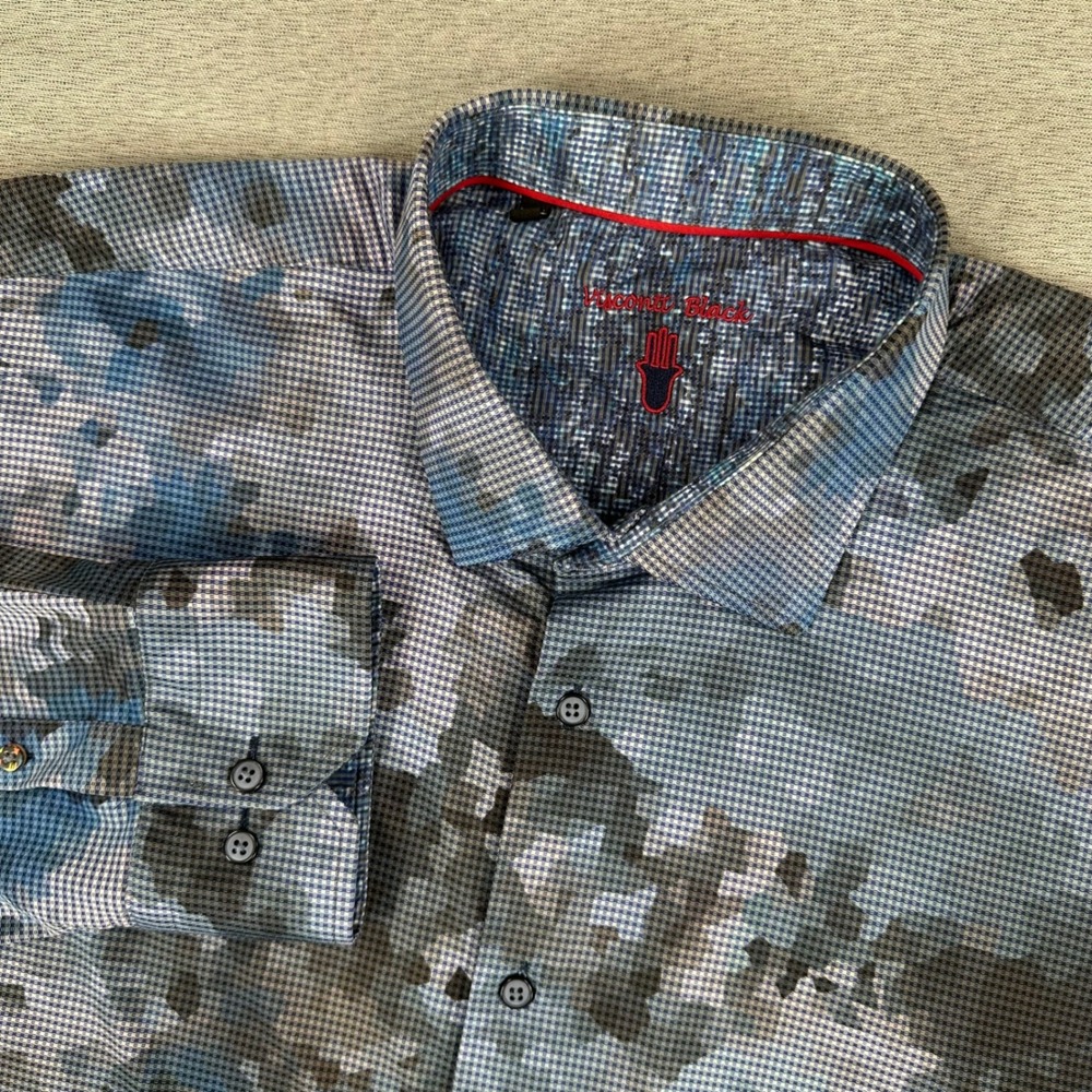 Luchiano Visconti Dress Shirt Men 2XLT Blue Black Camo Micro Check Button Turkey